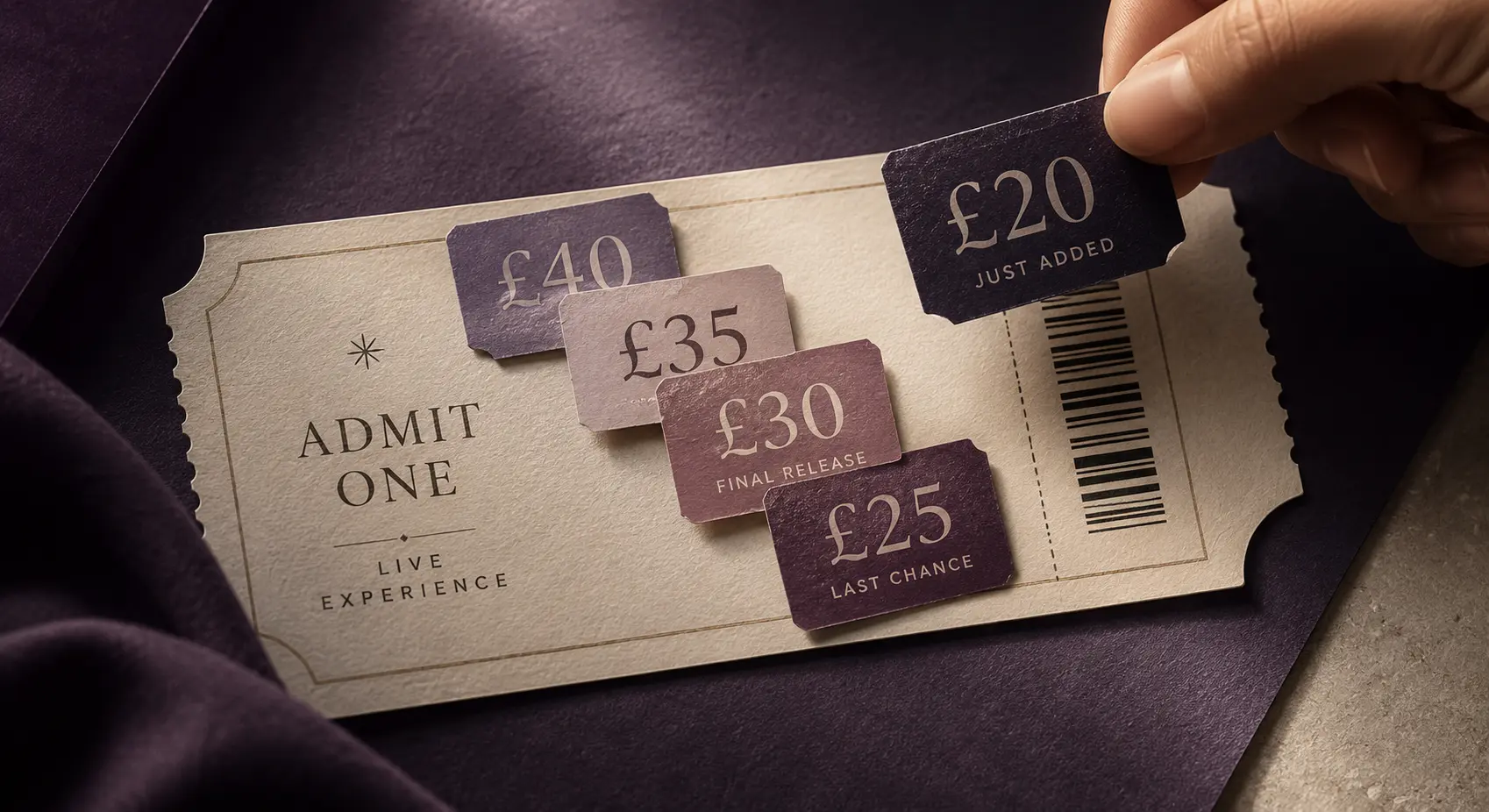 A cream theatre ticket on a dark purple background, layered with progressively lower price labels from £40 to £25, while a hand adds a new £20 ticket, illustrating repeated last-minute discounting.